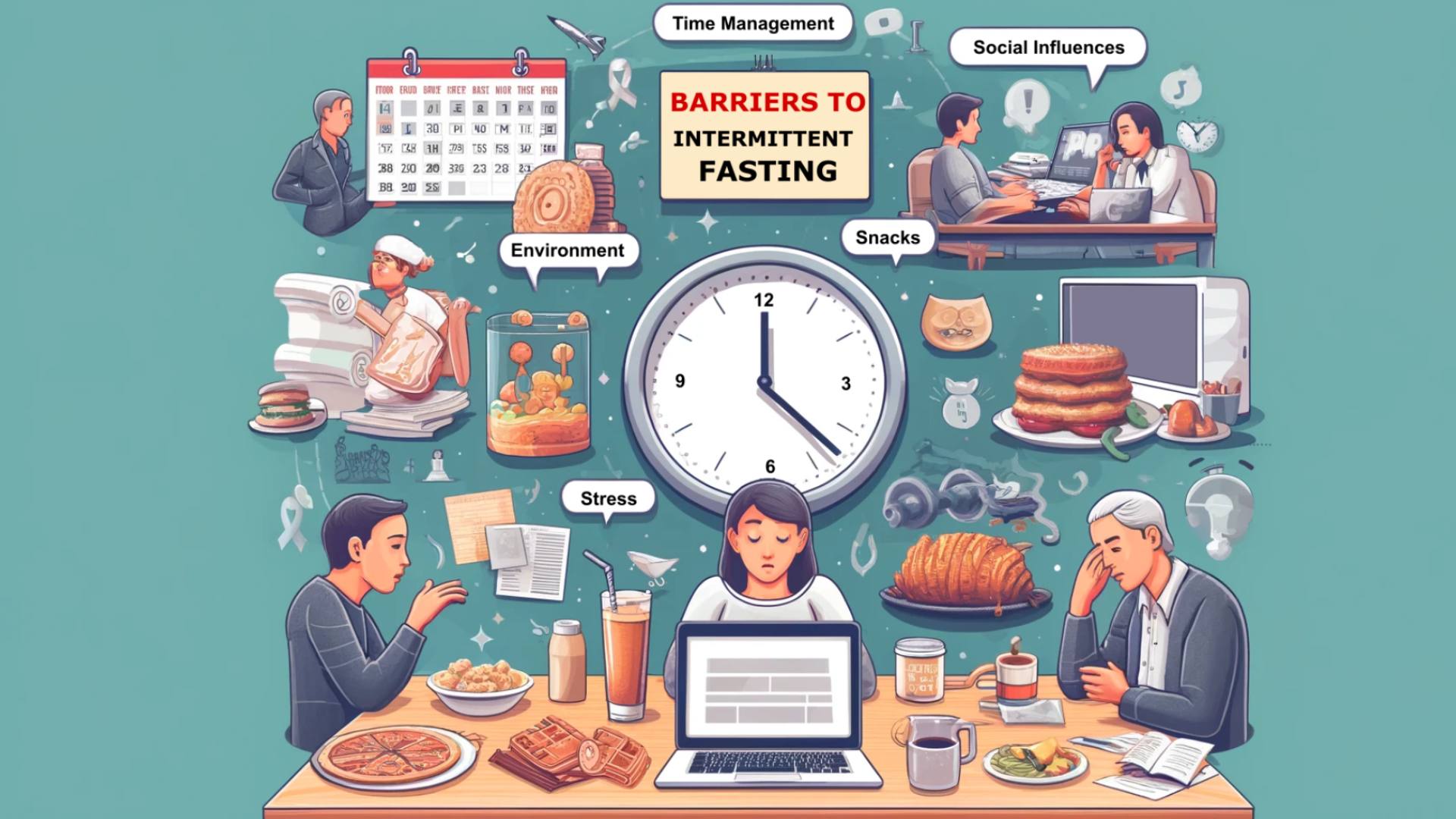 A cartoon graphic is displayed, demonstrating the barriers to intermittent fasting.