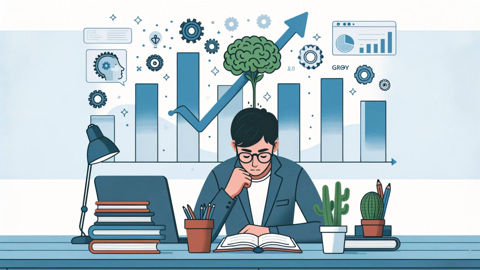 A cartoon graphic image is displaying a person wearing glasses looking down while sitting at a desk and reading a book.